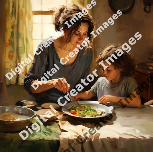 Una madre con la figlia o figlio, mentre mangiano, dipinto artistico